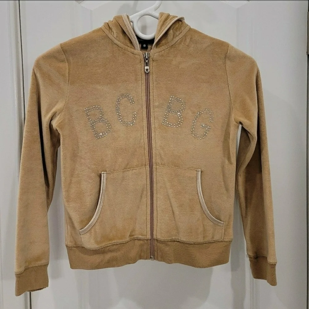 BCBGMaxAzria Hooded Gold Velvet Rhinestone Jacket - Size Girls 8